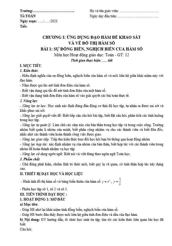 Giáo án dạy học Toán 12 theo công văn số 5512/BGDĐT-GDTrH